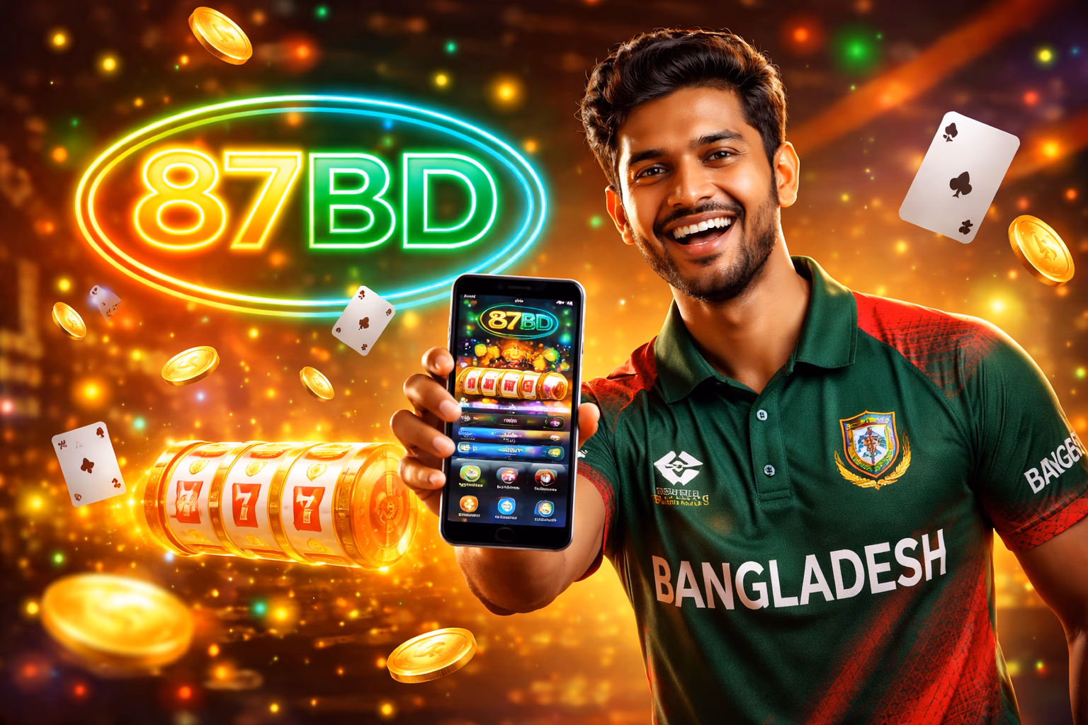 একজন বাংলাদেশি খেলোয়াড় স্মার্টফোনে 87BD ক্যাসিনো অ্যাপ উপভোগ করছেন, জ্বলজ্বল করা চিপ এবং ঘূর্ণায়মান রিল সহ
