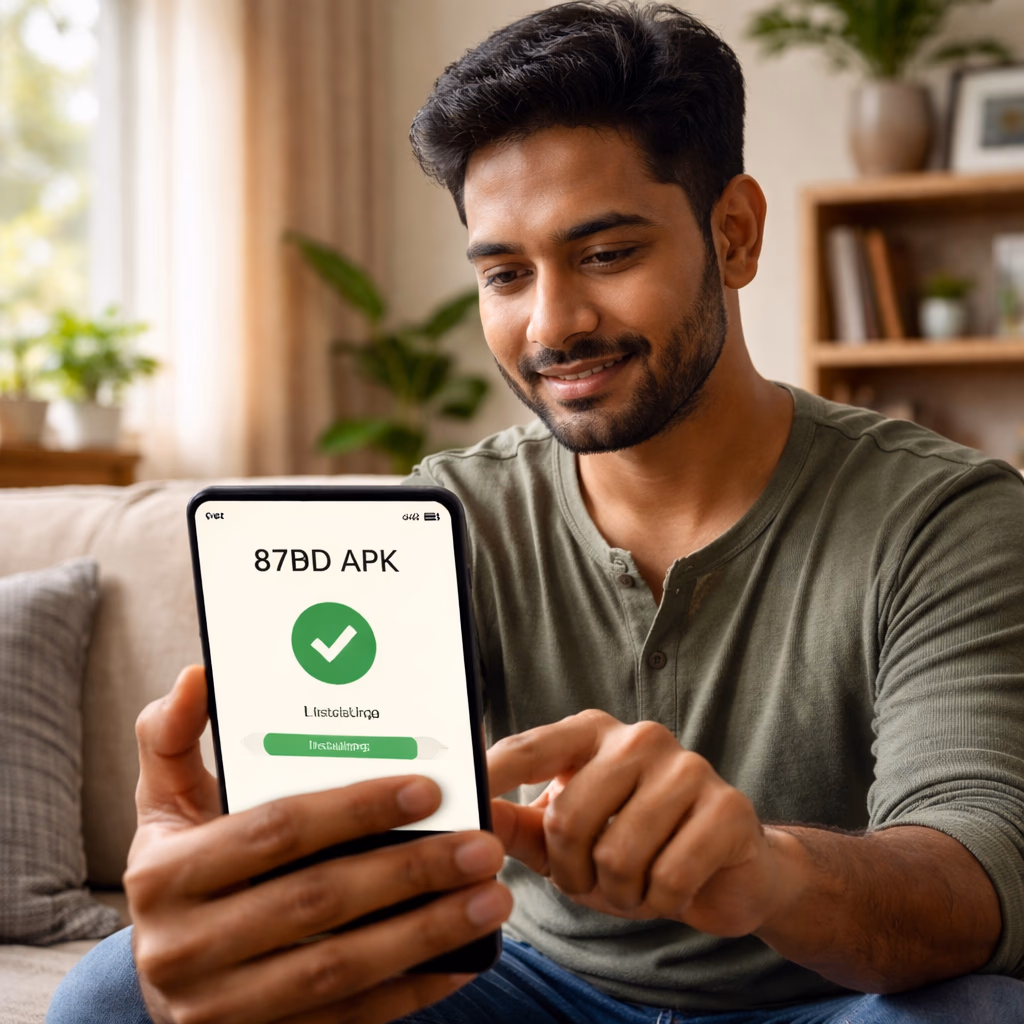 বাংলাদেশি খেলোয়াড় বাড়িতে Android স্মার্টফোনে 87BD APK ইনস্টল করছেন