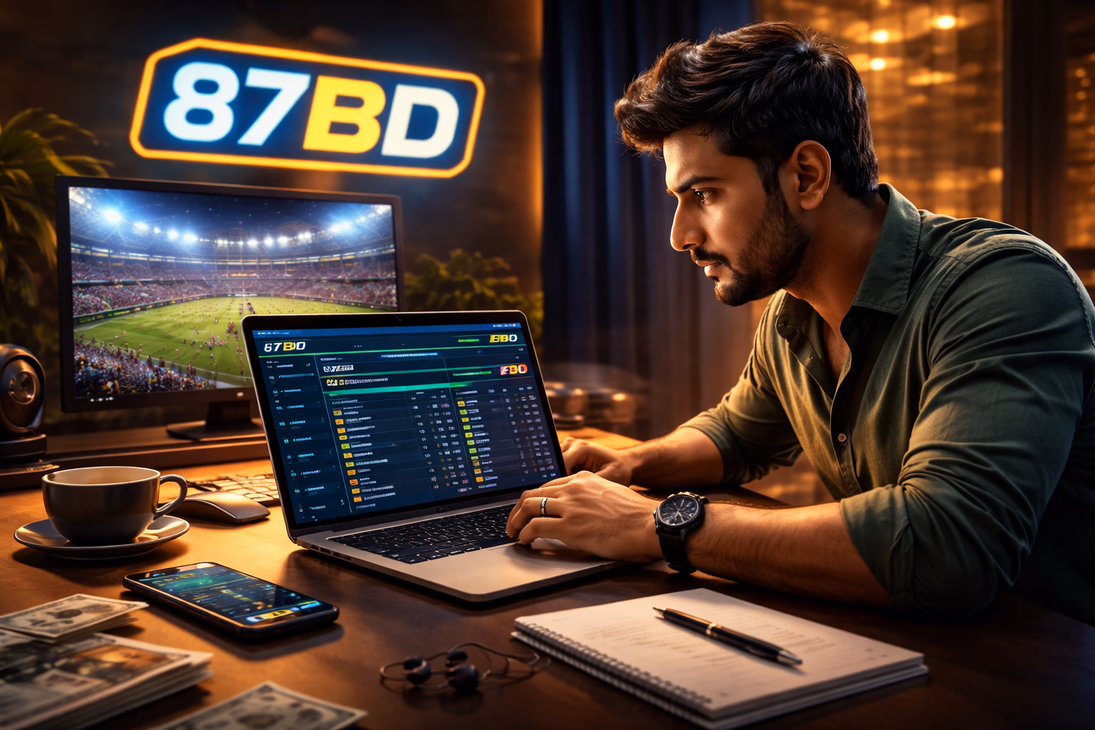 একজন মনোযোগী বাংলাদেশী পাংটার ল্যাপটপে লাইভ ক্রিকেট অডস বিশ্লেষণ করছেন যখন 87BD স্পোর্টসবুক ইন্টারফেস রিয়েল-টাইম ম্যাচ ডেটা স্ট্রিম করছে