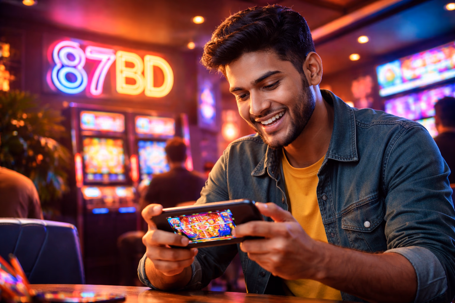 Excited player enjoying colourful slot reels with jackpot icons glowing at 87BD casino in Bangladesh